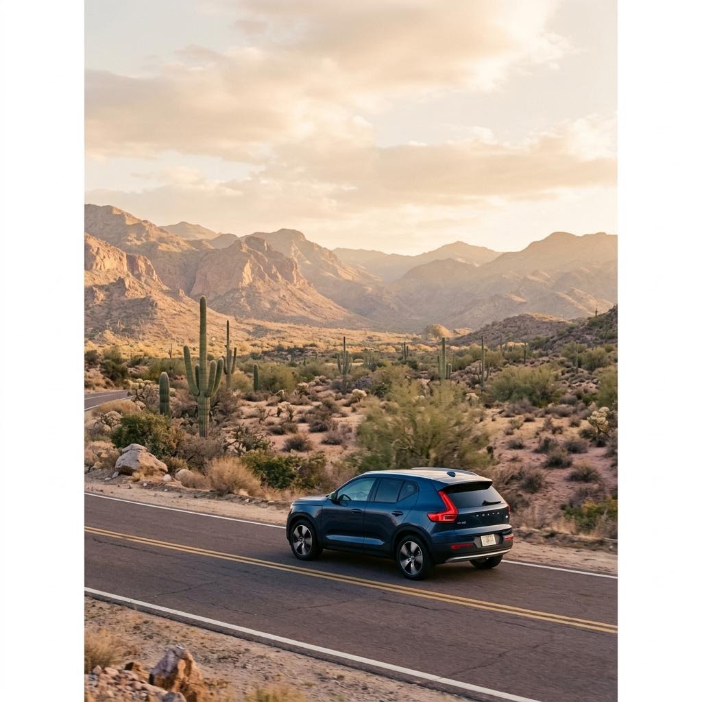 A fresh start on an Arizona road A car on an open Arizona desert road at golden hour