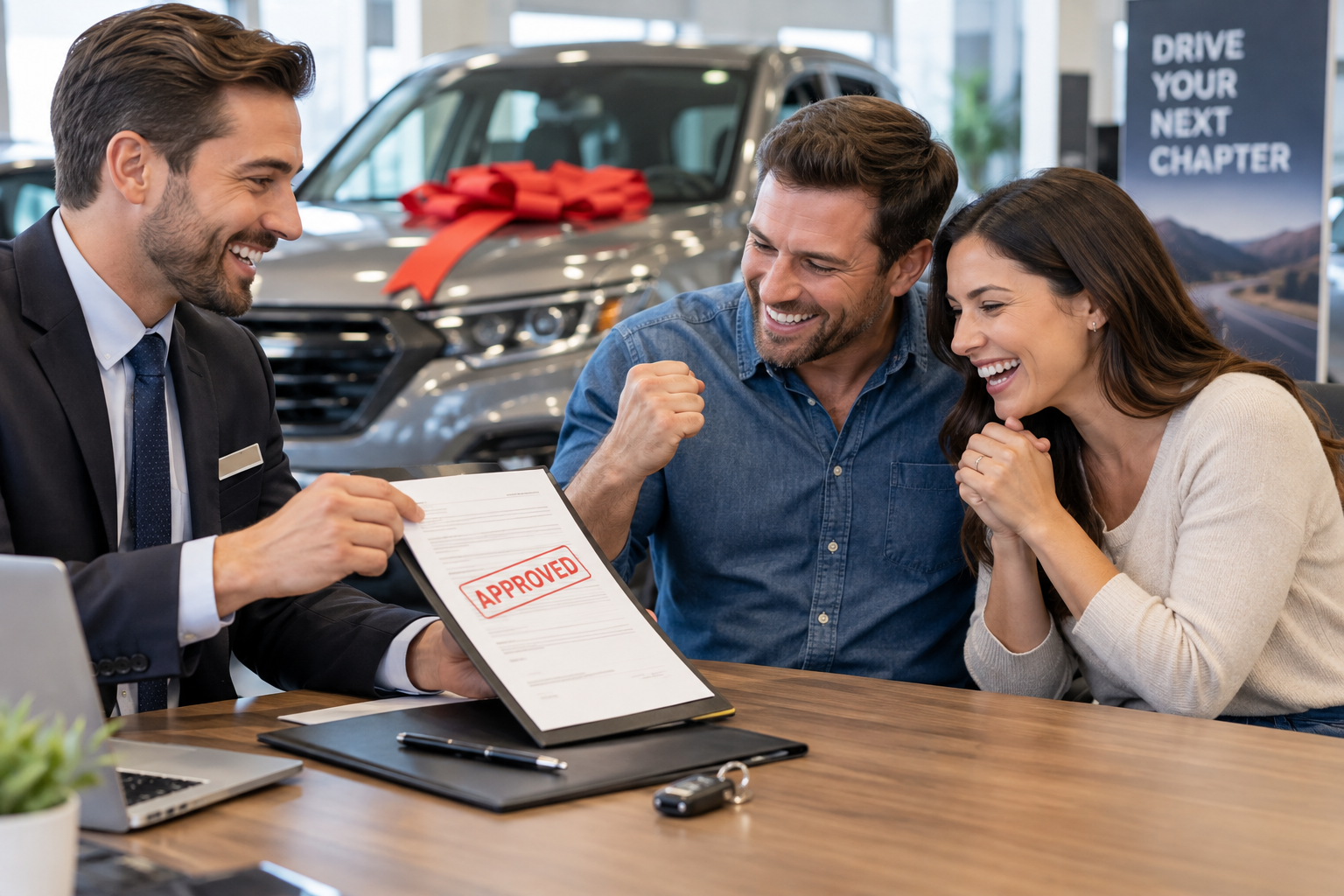 A couple discussing vehicle financing at a dealership A dealership representative shows a couple vehicle financing paperwork beside a car